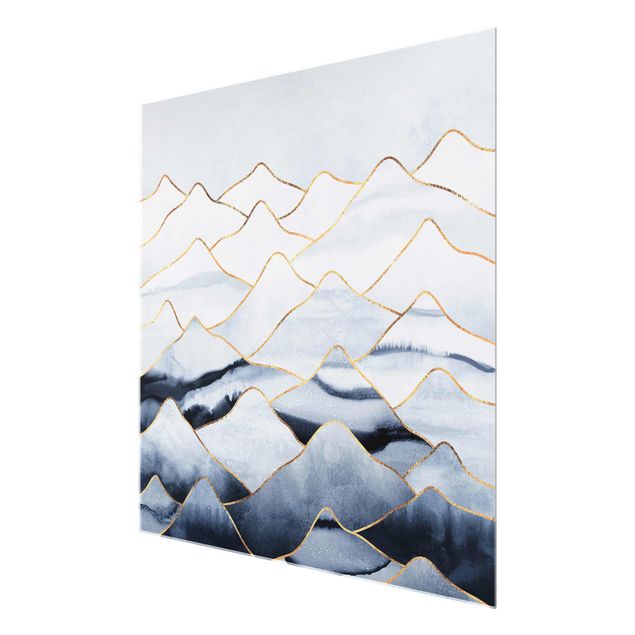 Glasbild - Aquarell Berge Weiß Gold - Quadrat 1:1