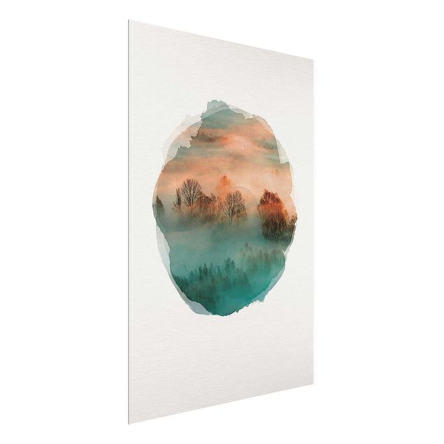 Glasbild - Wasserfarben - Nebel bei Sonnenaufgang - Hochformat 4:3