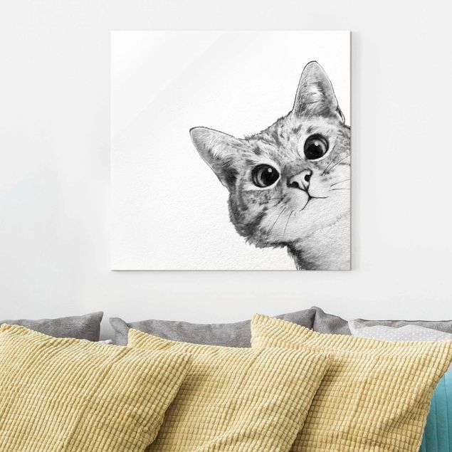 Glasbild - Illustration Katze Zeichnung Schwarz Weiß - Quadrat 1:1