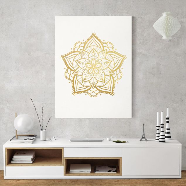 Leinwandbild - Mandala Blüte Illustration weiß gold - Hochformat 4:3
