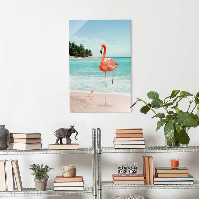 Glas Magnetboard Strand mit Flamingo