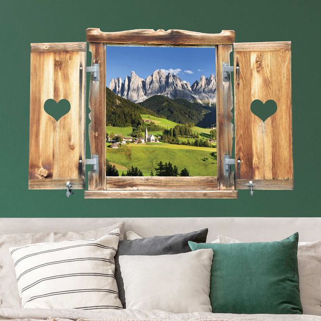 Wandsticker Fenster mit Herz Geislerspitzen in Südtirol
