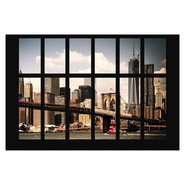 Fototapete - Fenster New York Brooklyn Bridge