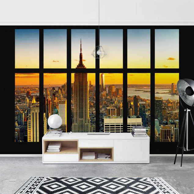 Fototapete - Fensterblick Manhattan Skyline Sonnenuntergang