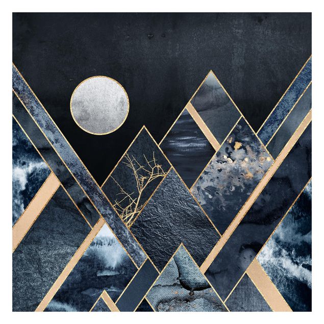 Fototapete - Goldener Mond abstrakte schwarze Berge - Fototapete Quadrat