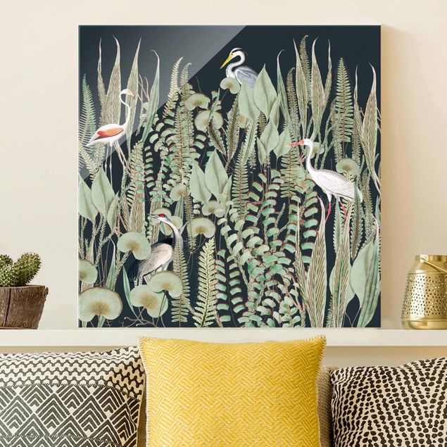 Magnettafel Glas Flamingo und Storch mit Pflanzen auf Grün