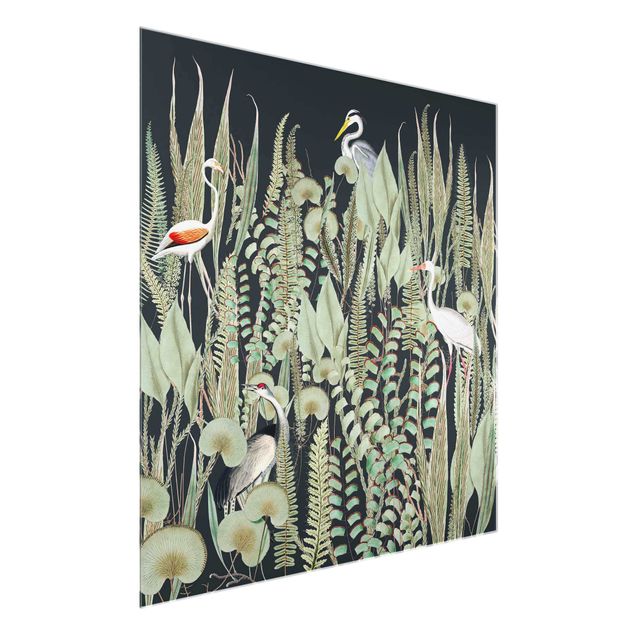 Glasbild - Flamingo und Storch mit Pflanzen auf Grün - Quadrat
