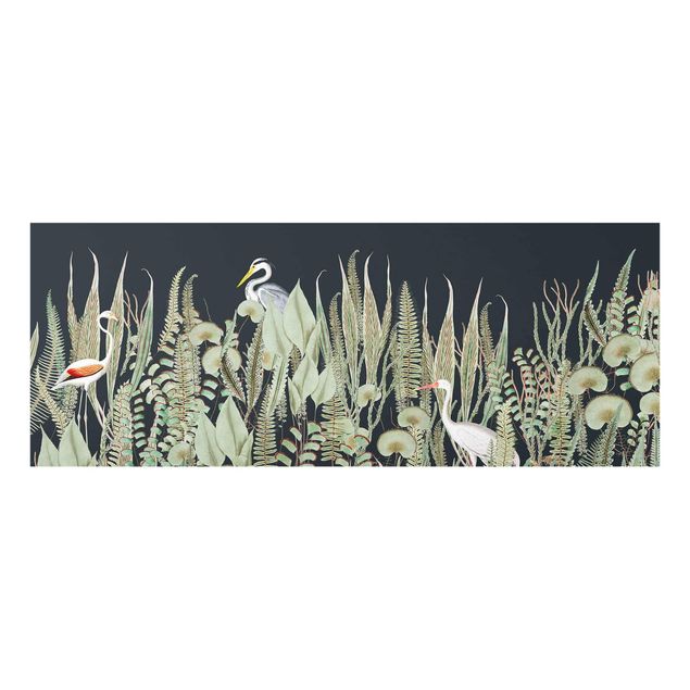 Glasbild - Flamingo und Storch mit Pflanzen auf Grün - Panorama