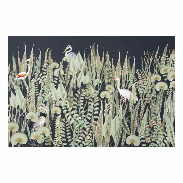 Glasbild - Flamingo und Storch mit Pflanzen auf Grün - Querformat