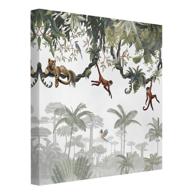 Leinwandbild - Freche Affen in tropischen Kronen - Quadrat 1:1