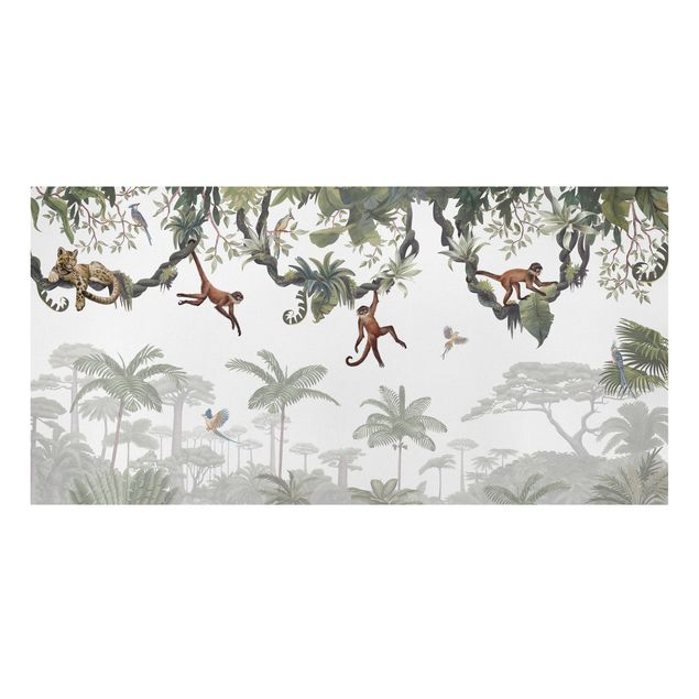 Leinwandbild - Freche Affen in tropischen Kronen - Querformat 2:1
