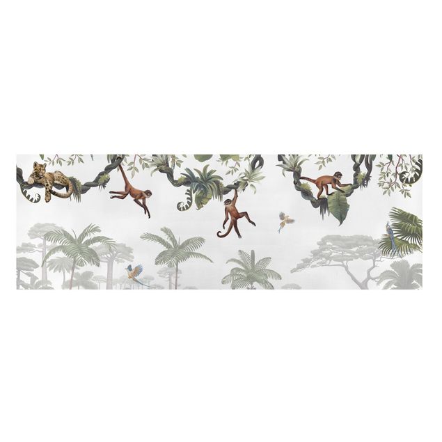 Leinwandbild - Freche Affen in tropischen Kronen - Panorama 3:1