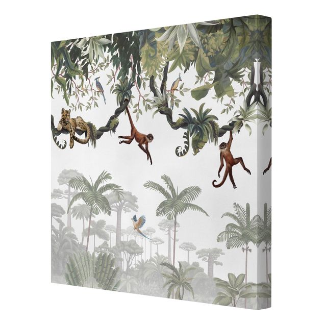 Leinwandbild - Freche Affen in tropischen Kronen - Quadrat 1:1