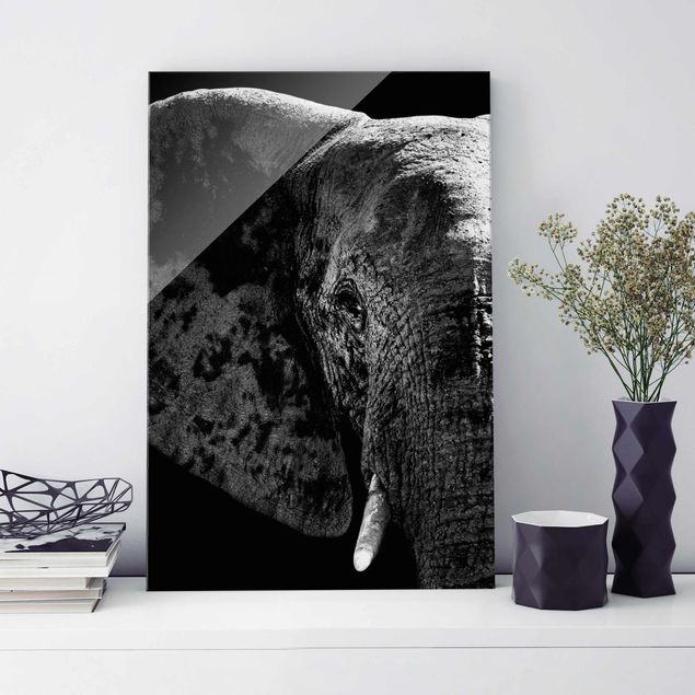 Glasbild - Afrikanischer Elefant schwarz-weiss - Hoch 2:3