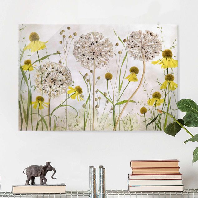 Glas Magnetboard Allium und Helenium Illustration