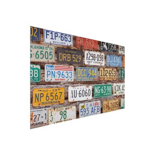 Glasbild - Amerikanische Nummernschilder auf Holz - Quadrat 1:1