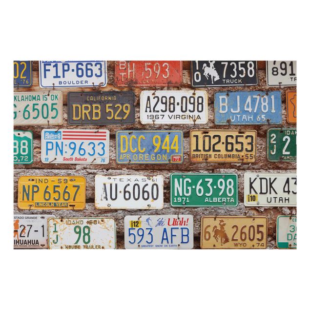 Glasbild - Amerikanische Nummernschilder auf Holz - Quadrat 1:1