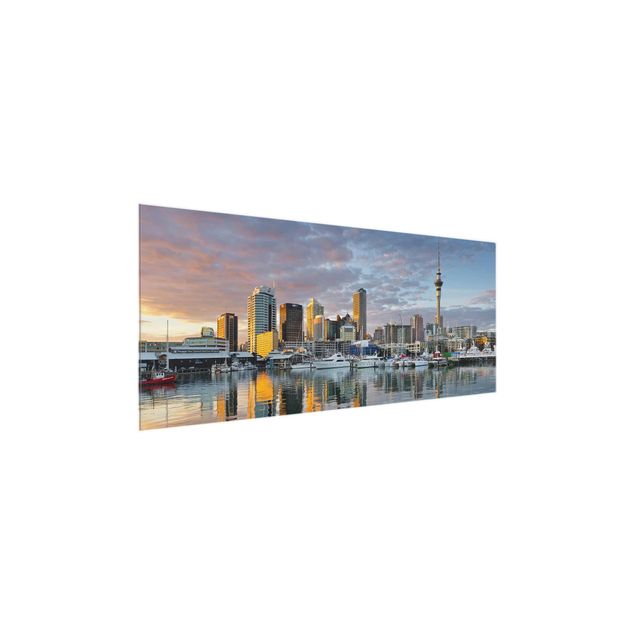 Glasbild - Auckland Skyline Sonnenuntergang - Panorama Quer