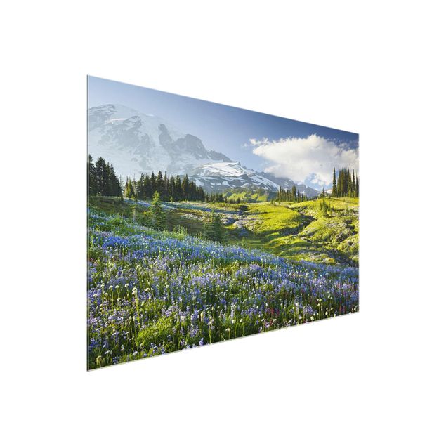 Glasbild Natur & Landschaft - Bergwiese mit blauen Blumen vor Mt. Rainier