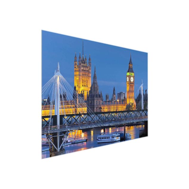 Glasbild - Big Ben und Westminster Palace in London bei Nacht - Quer 4:3