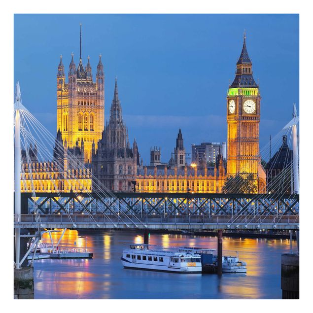 Glasbild - Big Ben und Westminster Palace in London bei Nacht - Quadrat 1:1