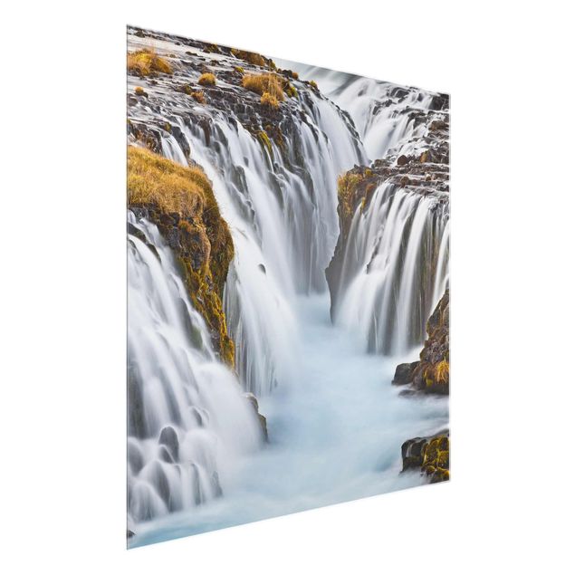 Glasbild Wasserfall - Brúarfoss Wasserfall in Island - Wasserfallbild Quadrat 1:1