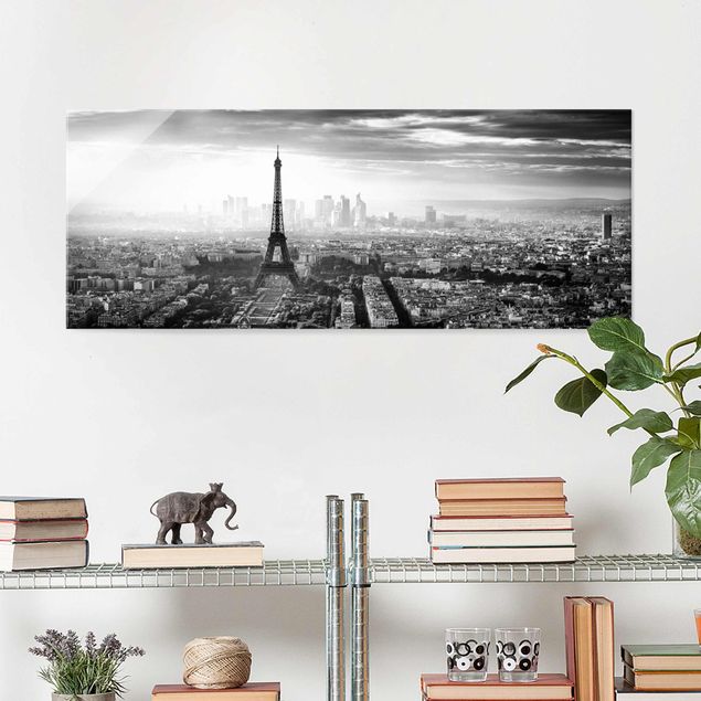 Glas Magnetboard Der Eiffelturm von Oben Schwarz-weiß