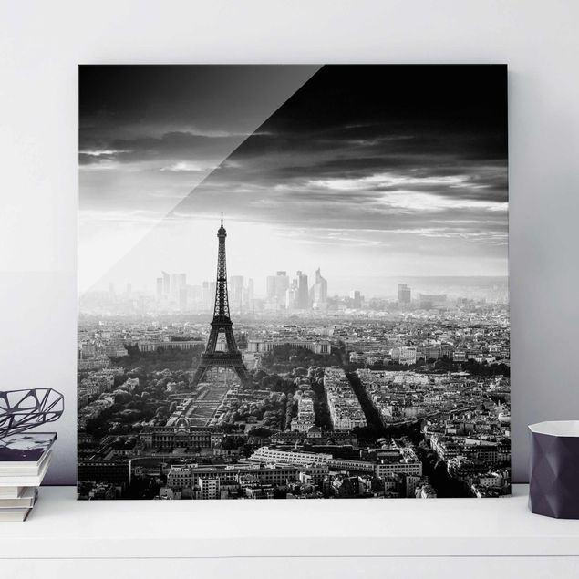 Glas Magnettafel Der Eiffelturm von Oben Schwarz-weiß