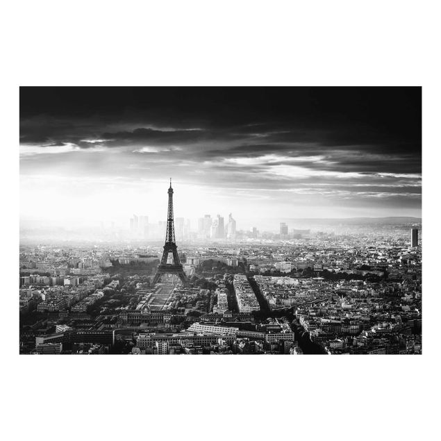 Glasbild - Der Eiffelturm von Oben Schwarz-weiß - Querformat 2:3