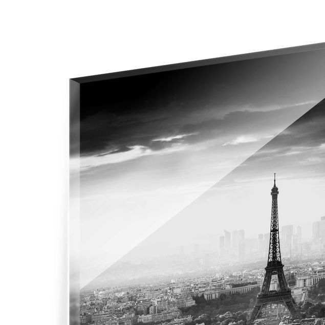 Glasbild - Der Eiffelturm von Oben Schwarz-weiß - Querformat 2:3
