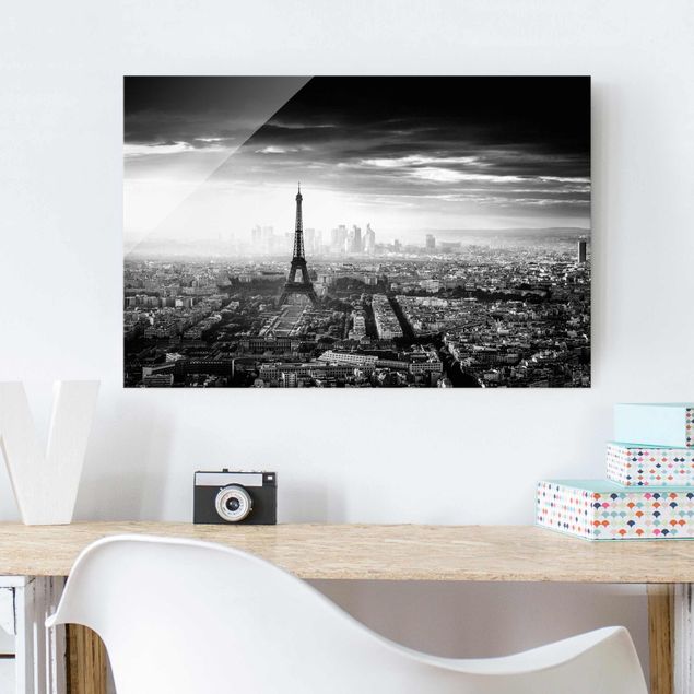 Magnettafel Glas Der Eiffelturm von Oben Schwarz-weiß