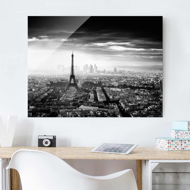 Glas Magnettafel Der Eiffelturm von Oben Schwarz-weiß