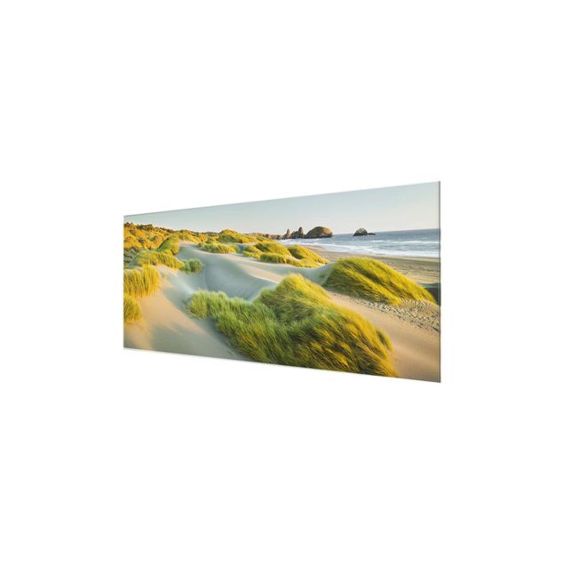 Glasbild - Dünen und Gräser am Meer - Panorama Quer