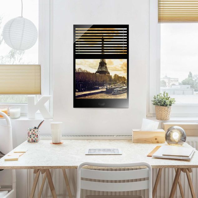 Glasbild - Fensterausblick Jalousie - Paris Eiffelturm Sonnenuntergang - Hoch 2:3