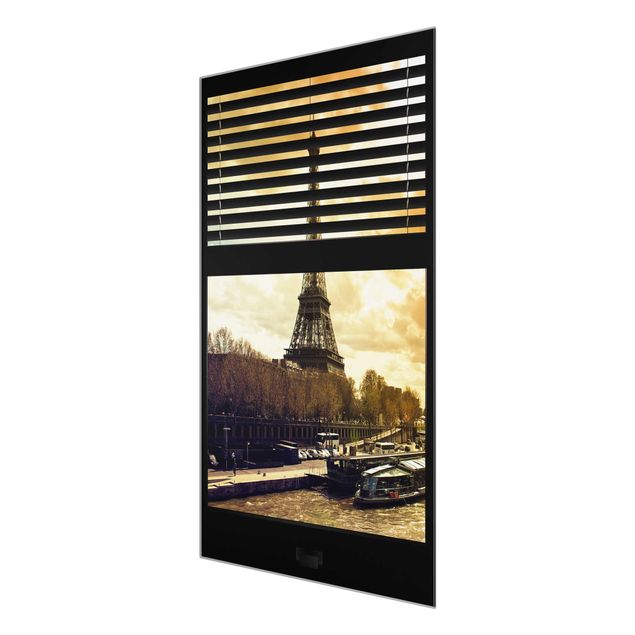 Glasbild - Fensterausblick Jalousie - Paris Eiffelturm Sonnenuntergang - Hoch 2:3