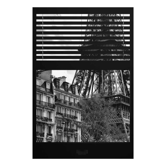 Glasbild - Fensterausblick Paris - Nahe am Eiffelturm schwarz weiss - Hoch 2:3
