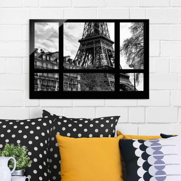 Magnettafel Glas Fensterausblick Paris - Nahe am Eiffelturm schwarz weiss
