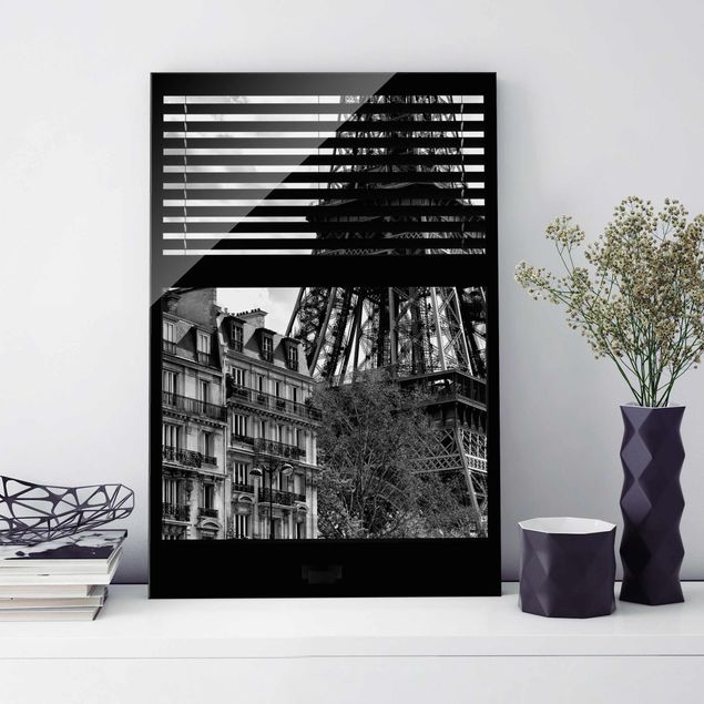Magnettafel Glas Fensterausblick Paris - Nahe am Eiffelturm schwarz weiss