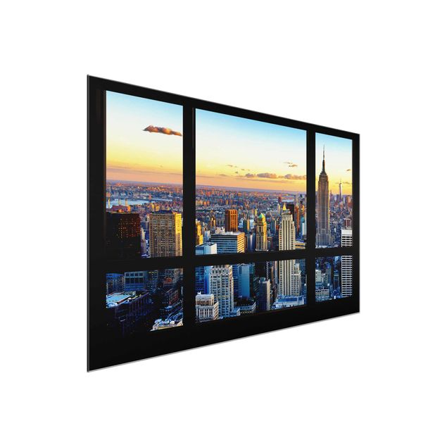 Glasbild - Fensterausblick - Sonnenaufgang New York - Quer 3:2