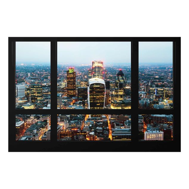 Glasbild - Fensterblick auf beleuchtete Skyline von London - Quer 3:2