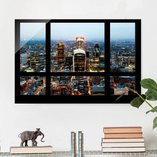 Glas Magnetboard Fensterblick auf beleuchtete Skyline von London