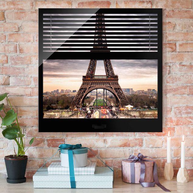 Glas Magnetboard Fensterblick Jalousie - Eiffelturm Paris