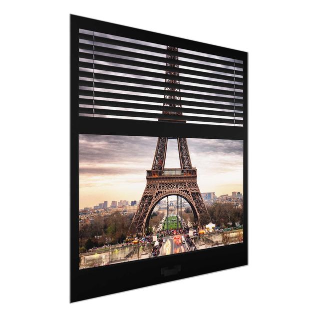 Glasbild - Fensterblick Jalousie - Eiffelturm Paris - Quadrat 1:1