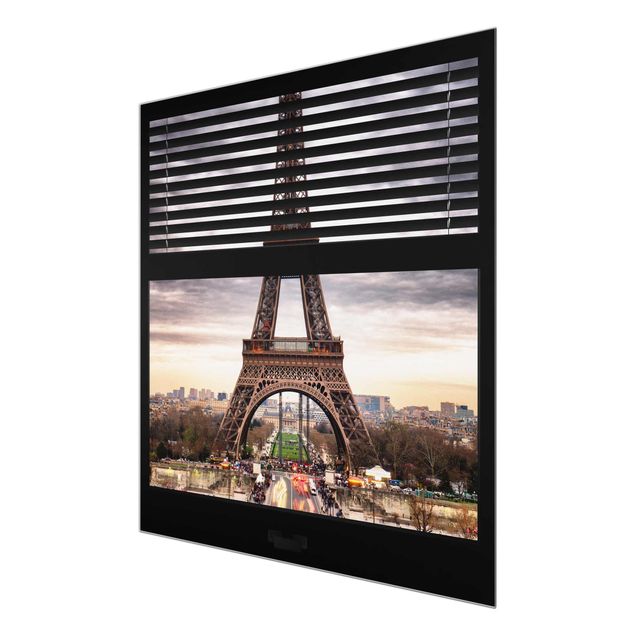 Glasbild - Fensterblick Jalousie - Eiffelturm Paris - Quadrat 1:1