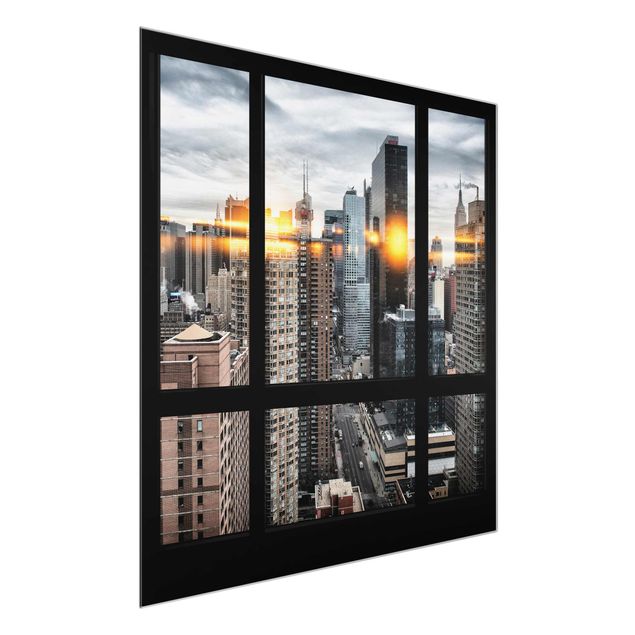 Glasbild - Fensterblick New York mit Sonnen-Reflexion - Quadrat 1:1