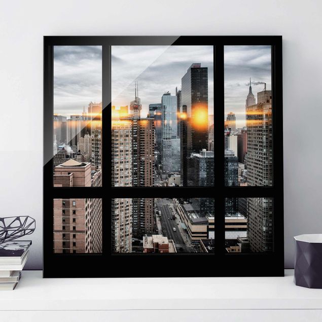 Glas Magnettafel Fensterblick New York mit Sonnen-Reflexion