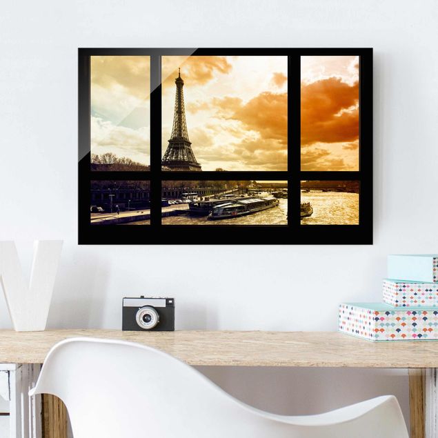 Glas Magnettafel Fensterblick - Paris Eiffelturm Sonnenuntergang