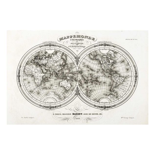 Glasbild Weltkarte - Französische Karte der Hemissphären von 1848 - Quer 3:2