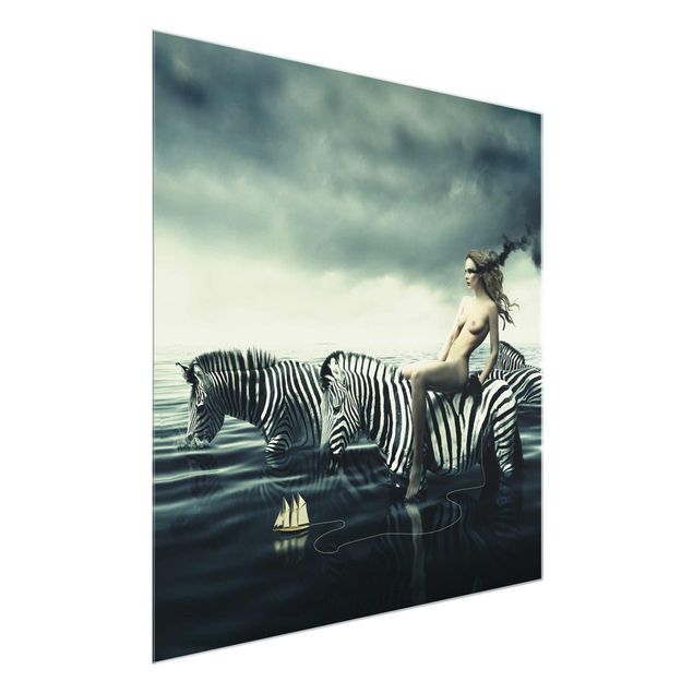 Glasbild - Frauenakt mit Zebras - Quadrat 1:1