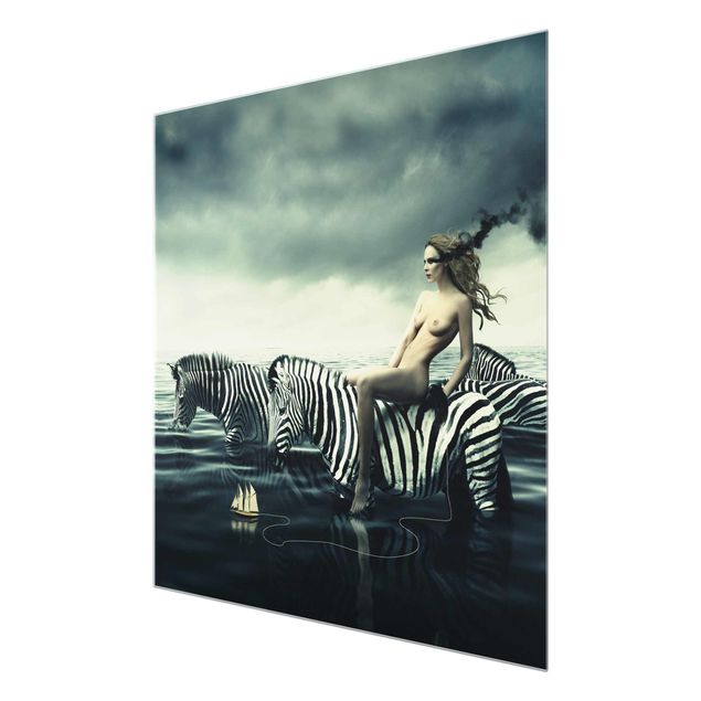 Glasbild - Frauenakt mit Zebras - Quadrat 1:1